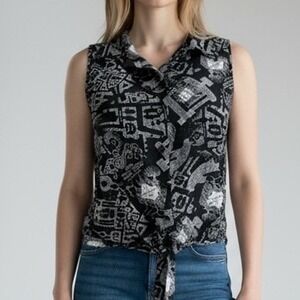 Harry Potter Marauder's Map Black Sleeveless Button Down Tie Front Top Women's M